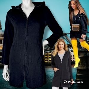 LONG Line Zip-up Hoodie Black By Lands End Celeb Fave Oversized Small